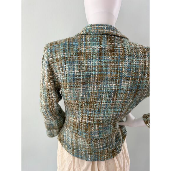 Vintage Y2k Dressbarn Blue and Brown Tweed Cropped Blazer Suit Jacket size Small - Picture 7 of 7